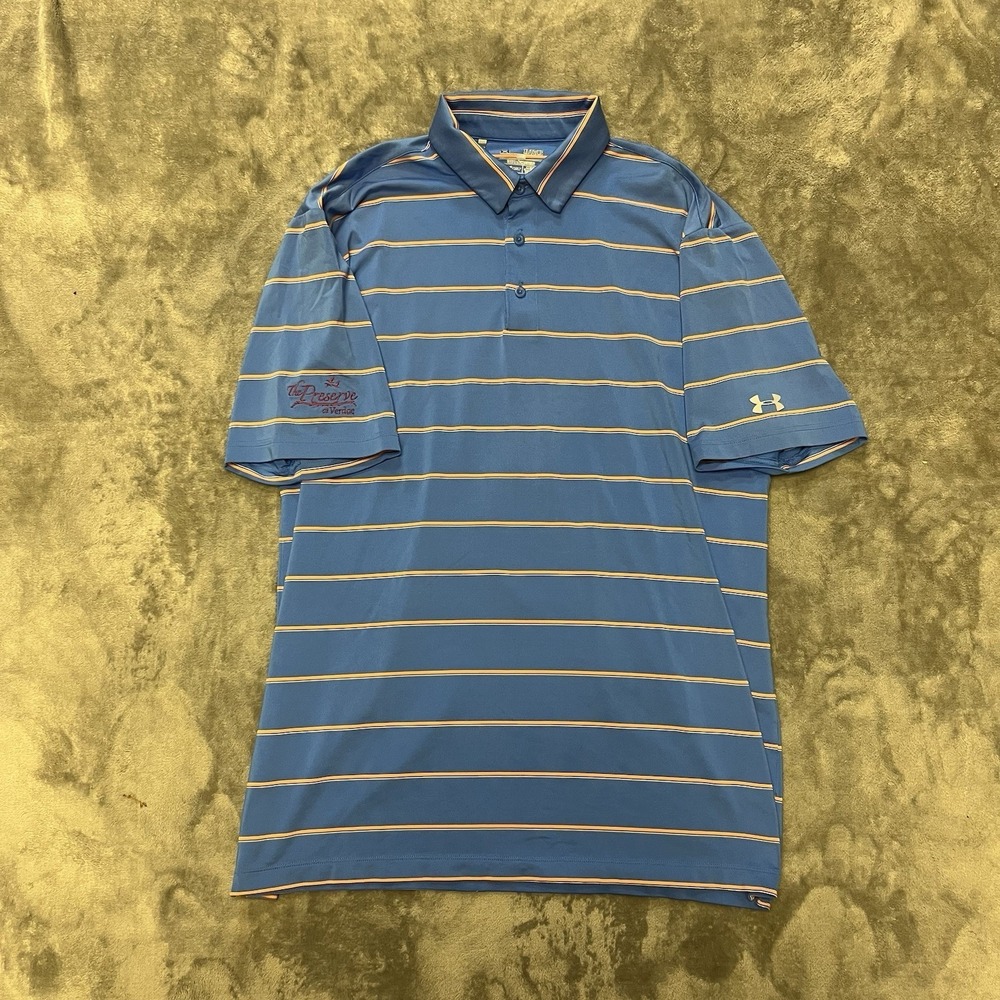 Under Armour Polo Shirt Mens XL Blue Orange Striped HeatGear The Preserve Golf - Picture 1 of 7
